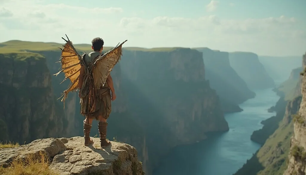 Human with wings trying to fly